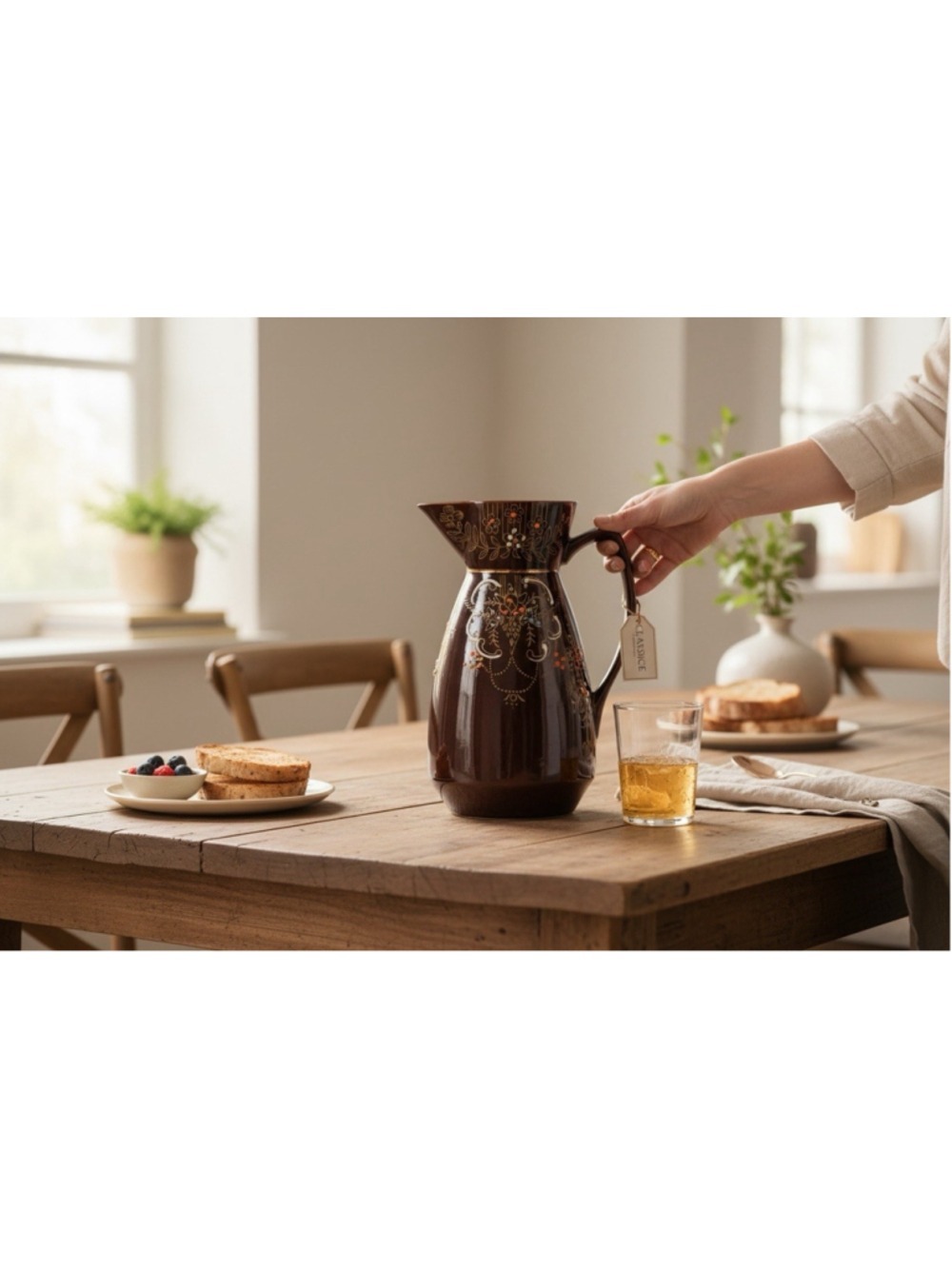 Vintage Japanese Moriage Redware Pitcher Brown Glaze Hand Painted Art Pottery